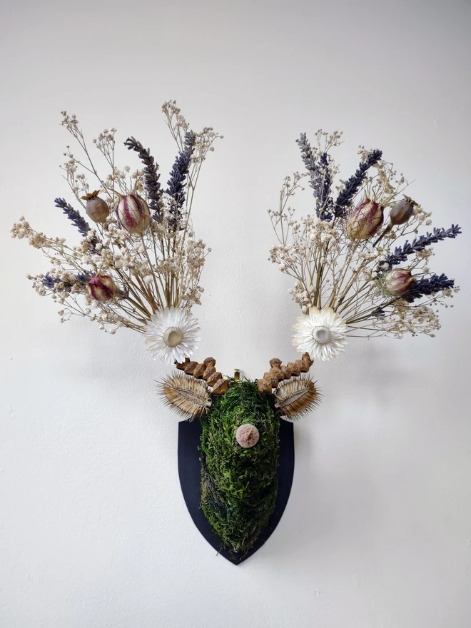 Cotswold Flora Botanical Stag Head Wall Mount Handmade Dried Flower Sustainable Art in The Cotswolds