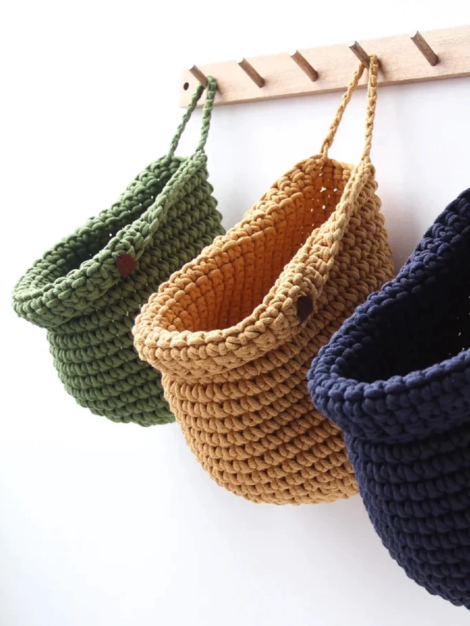 colourful  hand crocheted hanging baskets