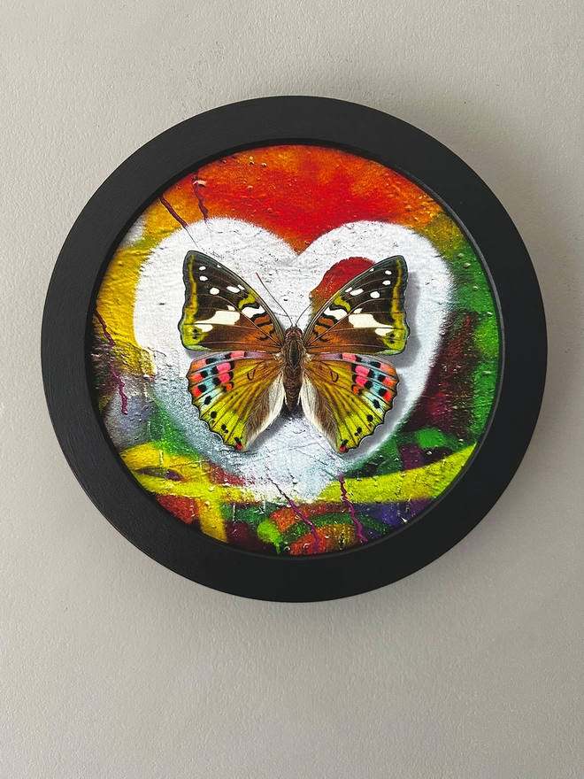 Butterfly on graffiti white heart spray paint in a black circular frame hanging on a wall