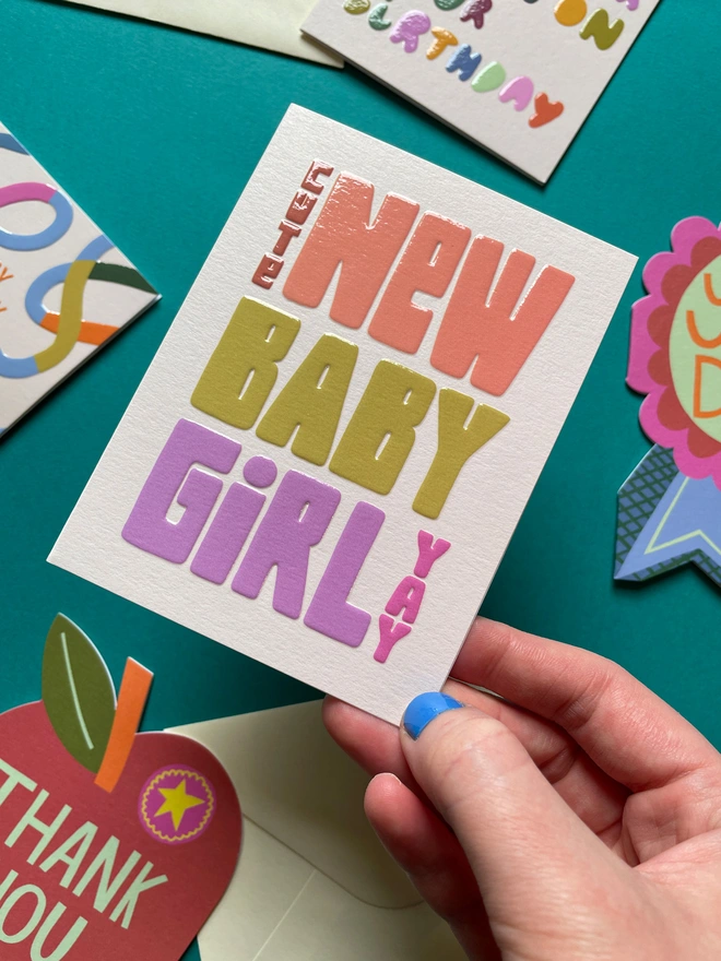 Cute Mini New Baby Girl Card Colourful Chunky Lettering | Raspberry Blossom