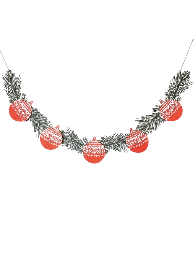 Christmas Linocut Garland,Hand Printed Nordic Bauble/Pine 