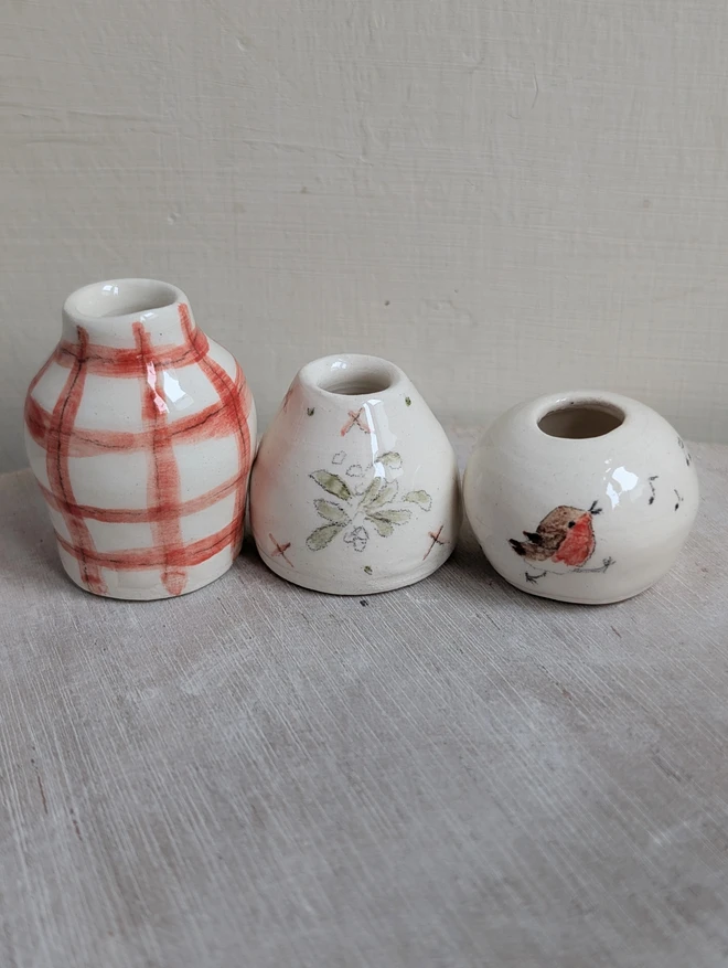 3 tiny vases in a row including Miniature robin vase with whistled musical notes hand painted mistletoe or red check  