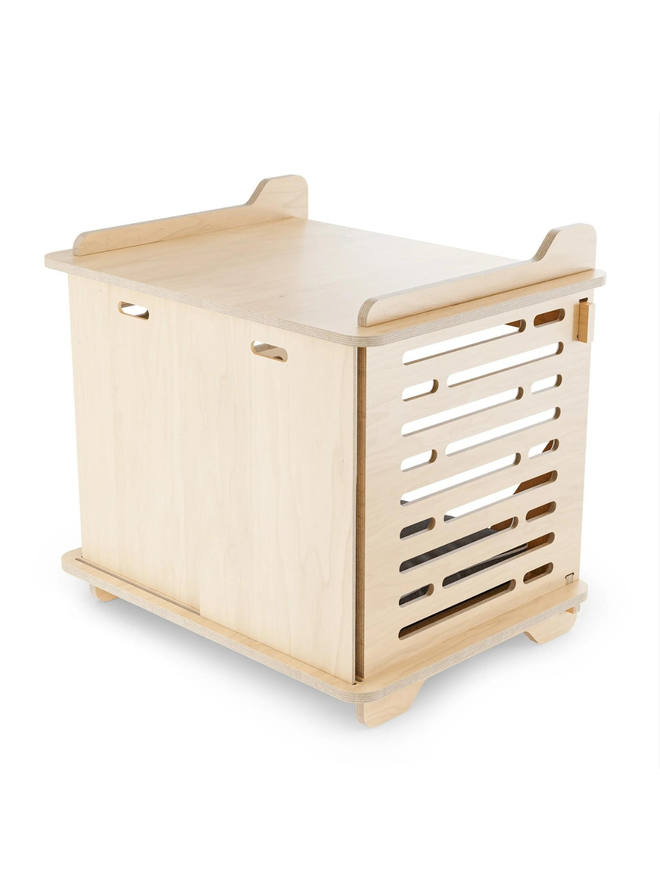 wooden dog crate with doors closed side view