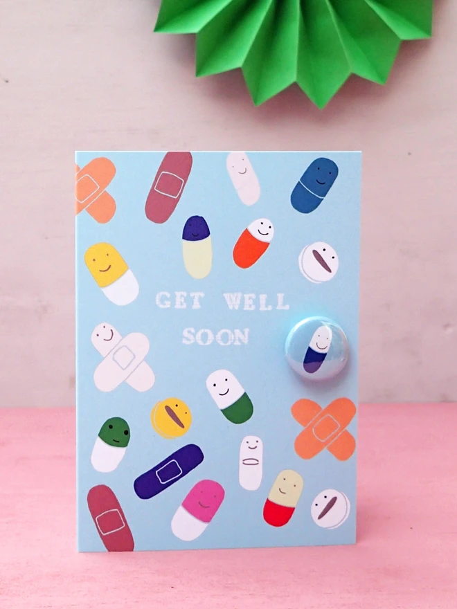 Get well soon greeting card with pin badge