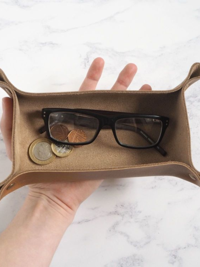 handmade initialed leather coin tray