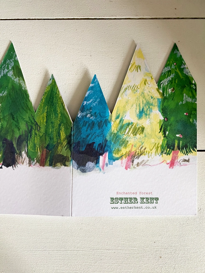 Enchanted Forest concertina greetings card with green trees by Esther Kent