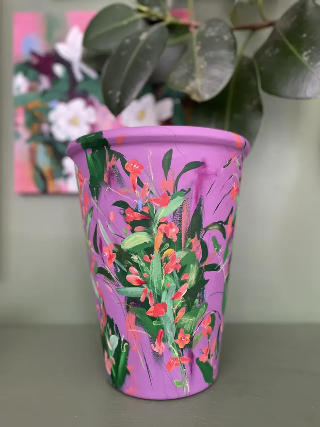 hand painted vibrant purple tall plant pot twizzle coral flowers rich greens and coral 