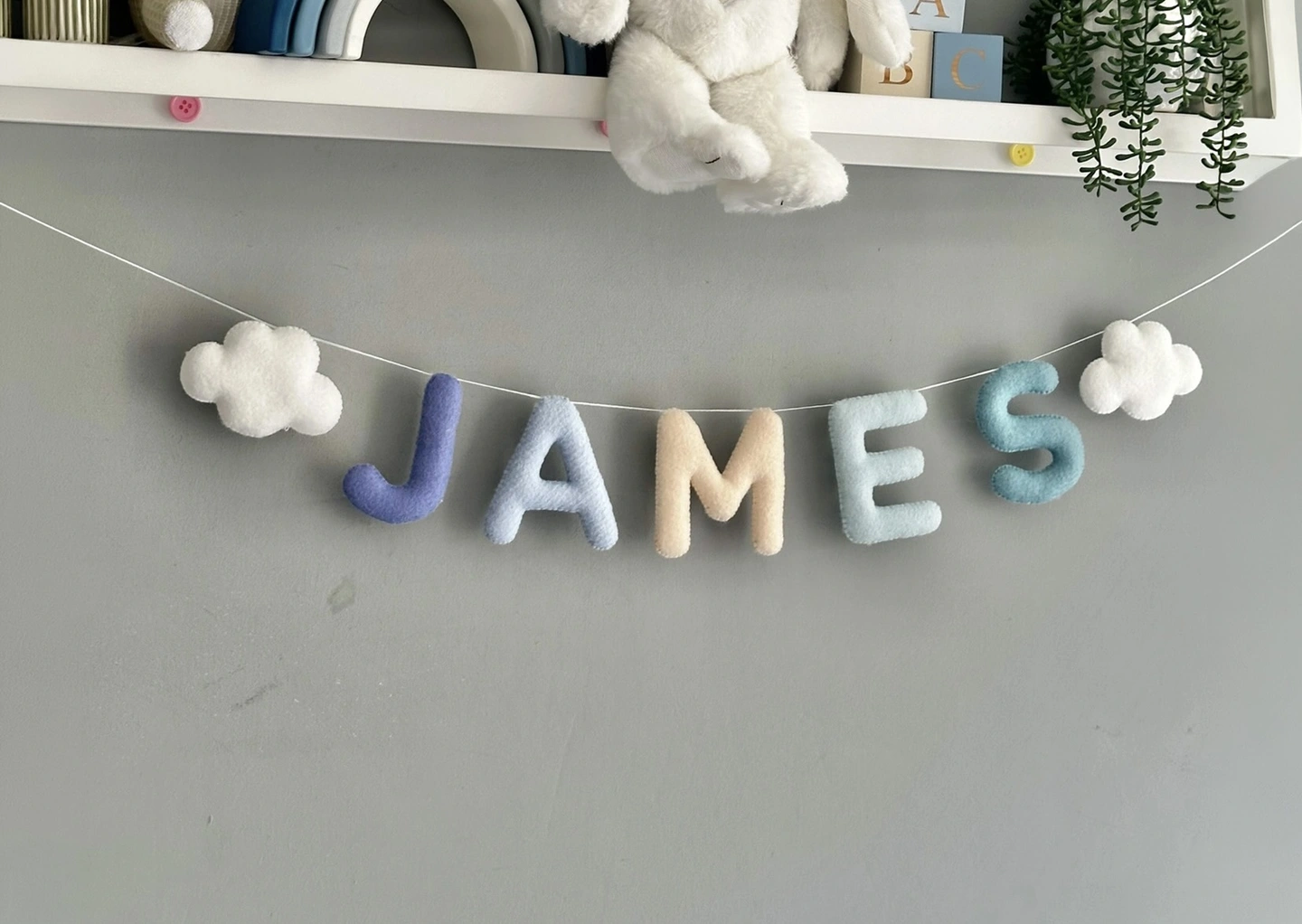 Personalised felt name bunting with clouds