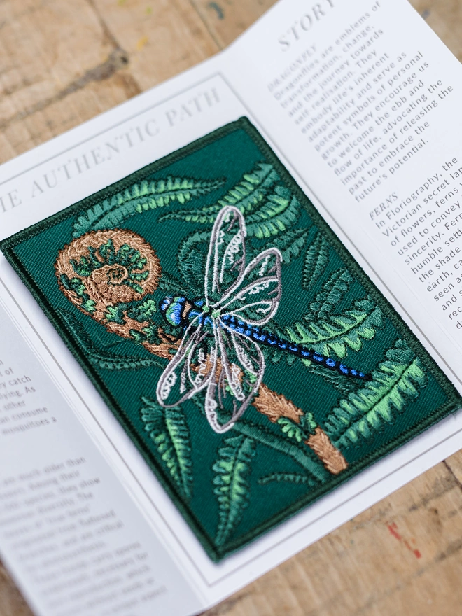 embroidered patch, embroidered card, dragonfly, fern, nature lover