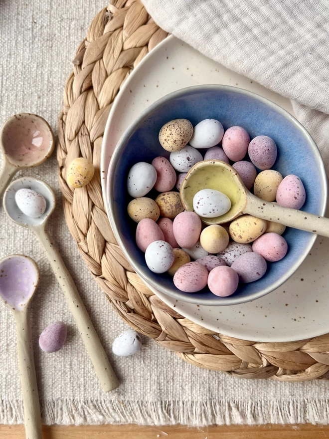 ceramic spoons glazed in the mini egg colours