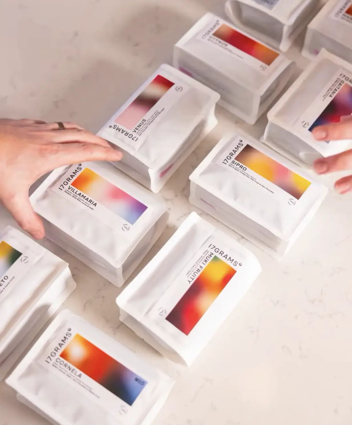 flat lay of various bags of coffee