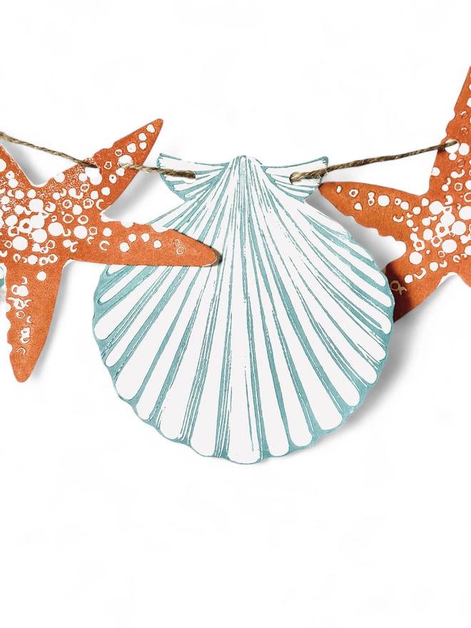 Shell & Starfish Linocut Garland.Hand Printed Seaside Shapes