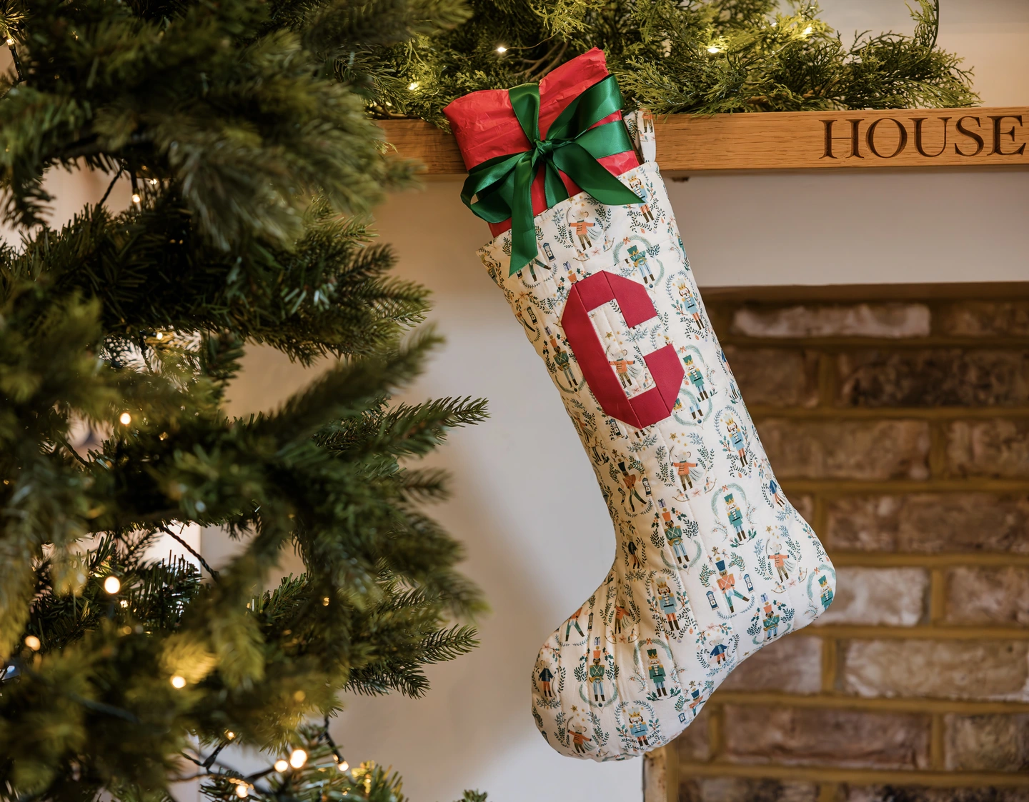 Handmade Christmas stocking on a mantlepiece