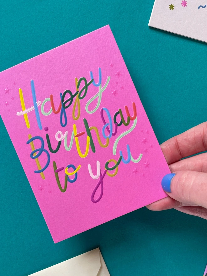 Colourful Pink Mini Birthday Card Rainbow Lettering | Raspberry Blossom