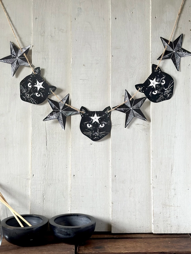 Hand Printed Black Cat & Stars Garland