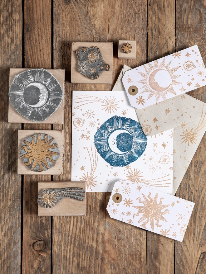 sun, moon,stars, wood rubber stamps