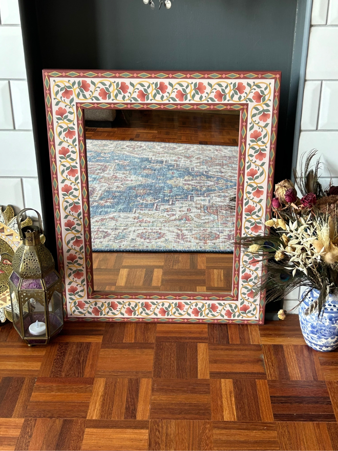 Hand Painted Wooden Mirror With Pink Flowers 