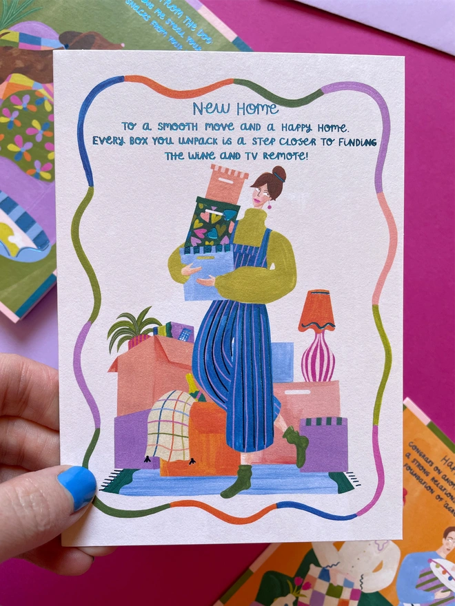 Colourful New Home Unpacking Humour Card Detail | Raspberry Blossom