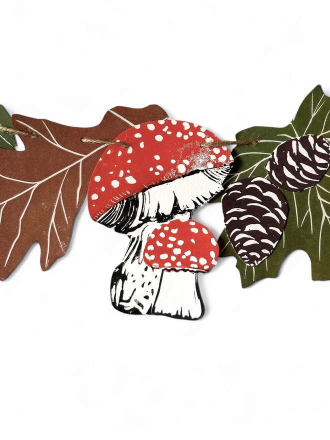 Hand Printed Woodland Garland,Linocut Mushrooms/Leaves