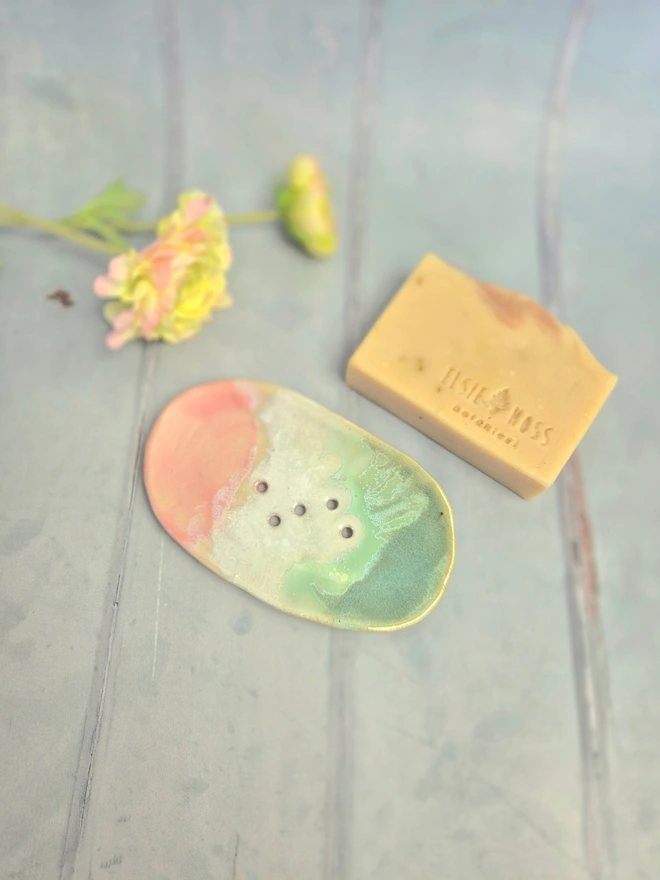 Bathroom, Handcrafted ceramic soap dish in Aqua glaze with turquoise and green tones, photographed with flowers on a white grainy background, gift, homeware, bathroom accessories, bathroom decor, Jenny Hopps Pottery, J.Hopps Pottery, J.H Pottery, with soap bar