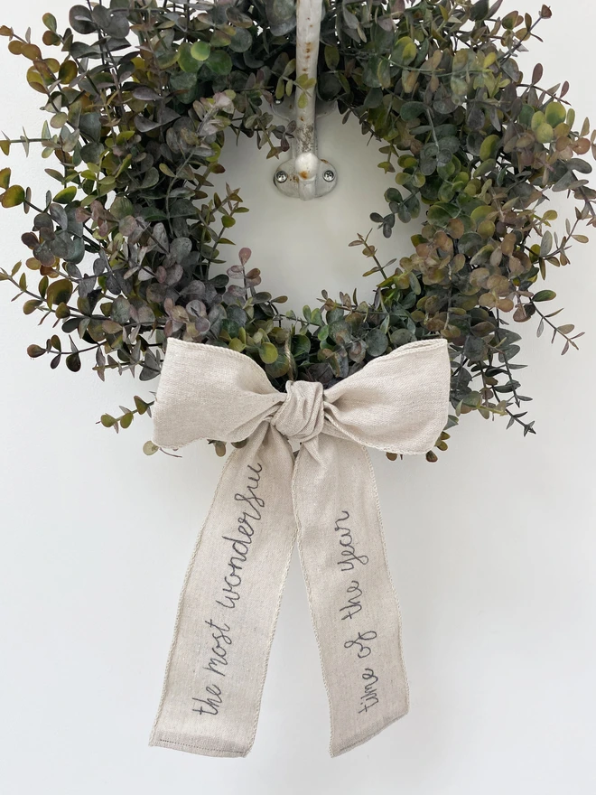 The most wonderful time of the year wired linen ribbon wreath decoration