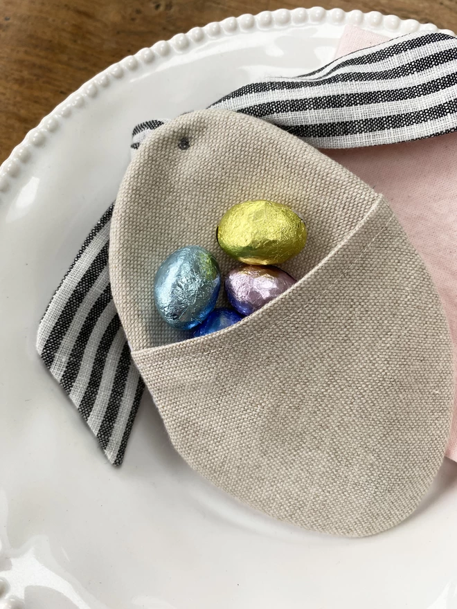 Reverse of Embroidered Easter Egg Pouch showing chocolate eggs