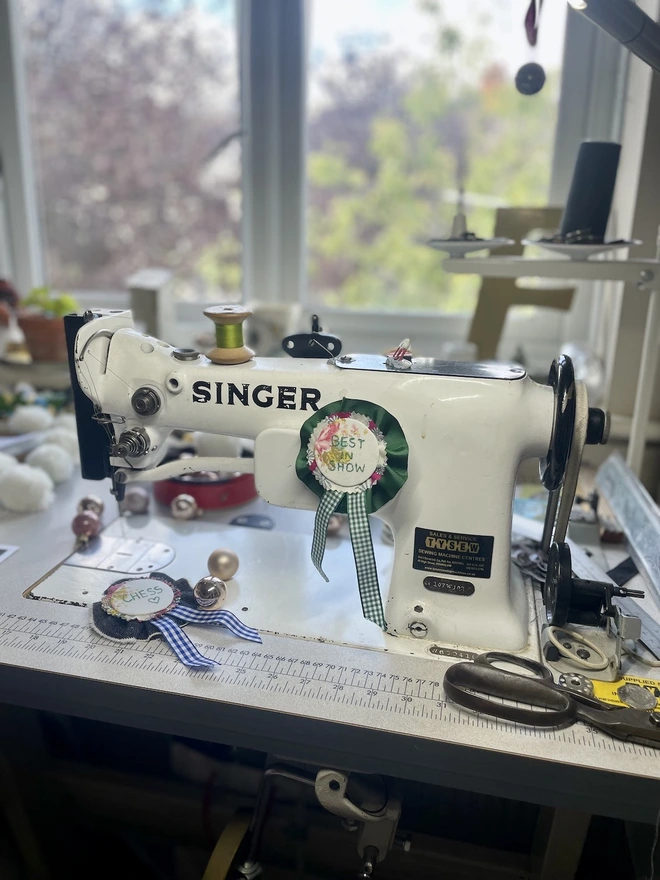 photo showing my vintage singer sewing machine and handmade pet rosette