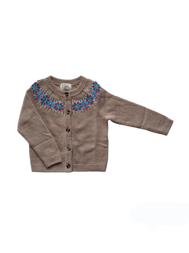 A beige cardigan with a fair isle patterned yoke with blue and orange highlights