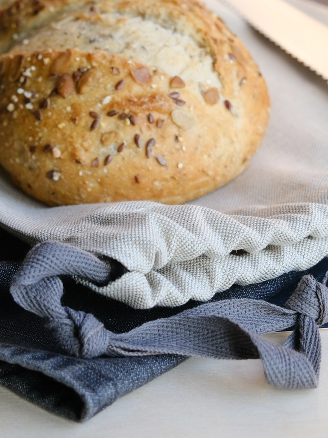 drawstring bread storage bag made from linen