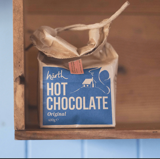 Harth hot chocolate. Hot chocolate in brown packaging on a shelf