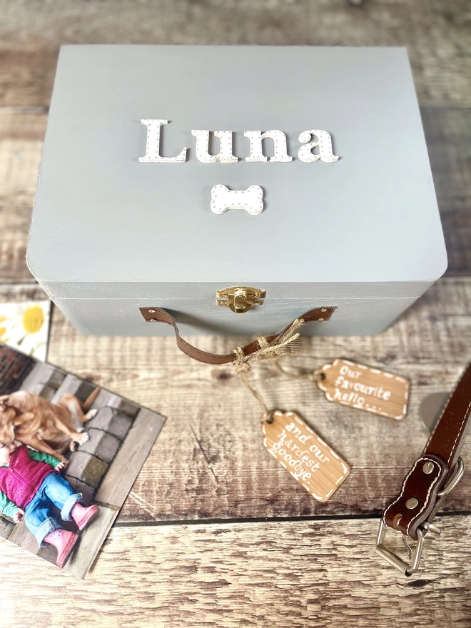 Grey Painted Suitcase Dog Memory Box with white lettering spelling out the name Luna