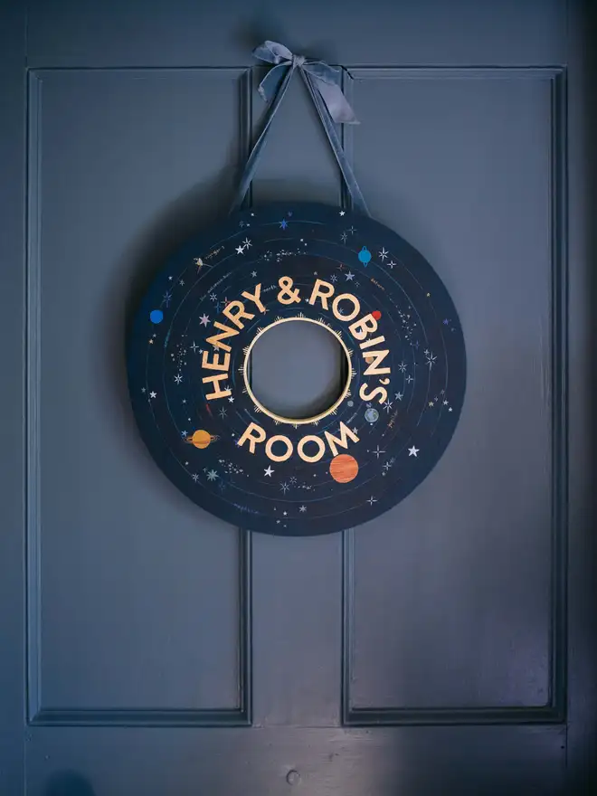 Solar system name plate door hanging for children in dark blue