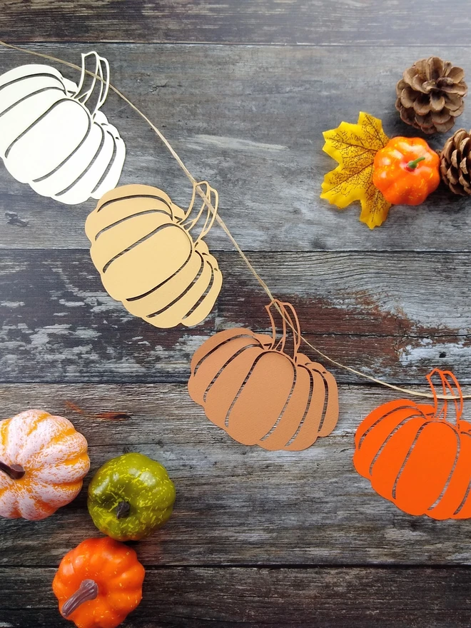 Colour detail for ombre mix pumpkin garland, including cream, honey, cinnamon and orange.