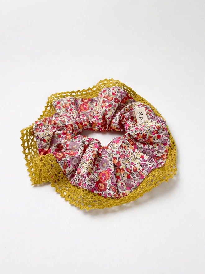 Liberty scrunchie with mustard lace