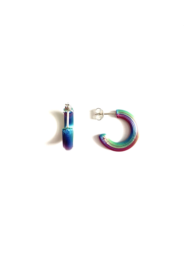 Rainbow Magic bioplastic mini hoop earrings with recycled sterling silver posts and scrolls