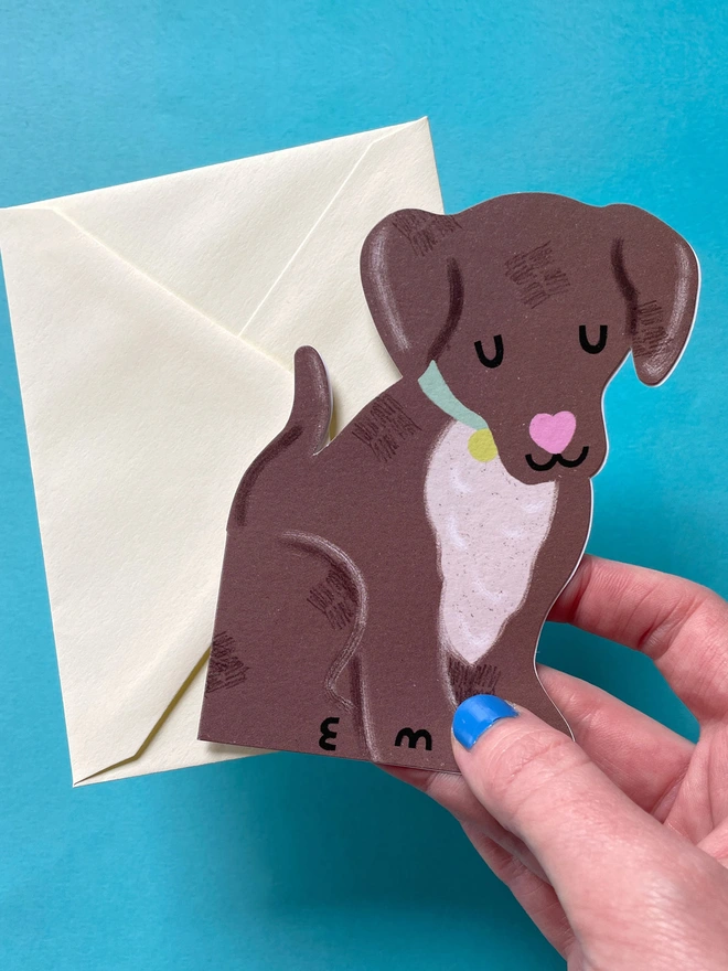 Cute Chocolate Brown Puppy Mini Greeting Card For Dog Lovers Cream Envelope | Raspberry Blossom