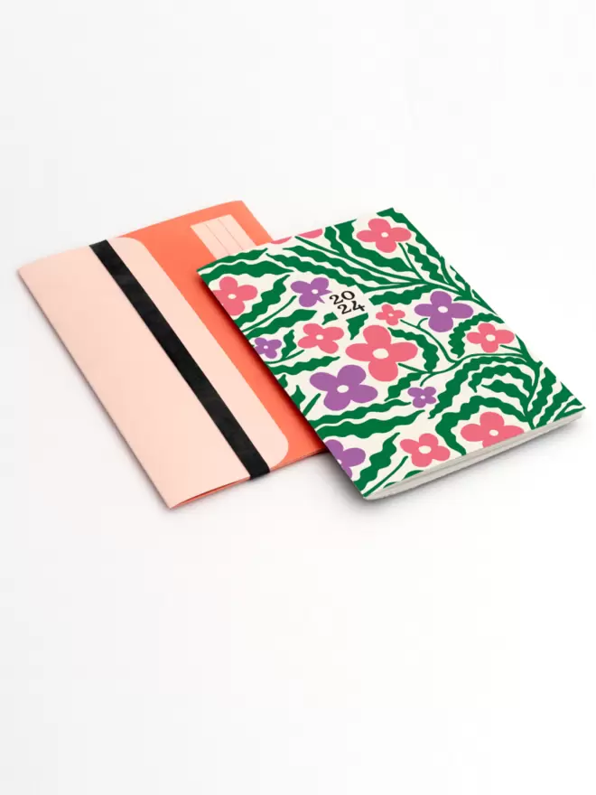 A5 2024 Diary with cute Floral cover and pink folder