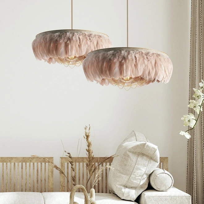 Feathered pink lampshades in a living room 