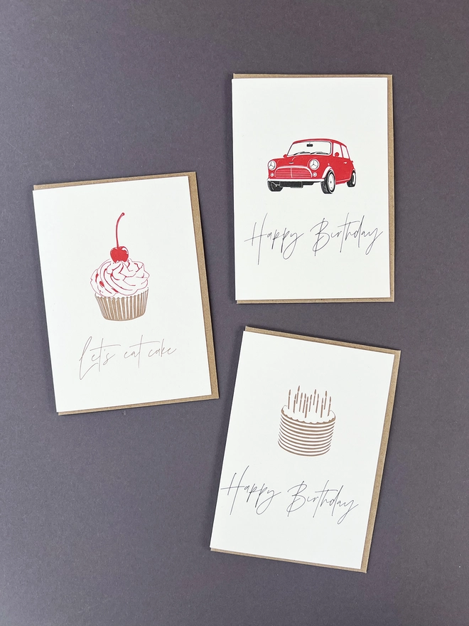 A selection of three birthday cards from our birthday collection.