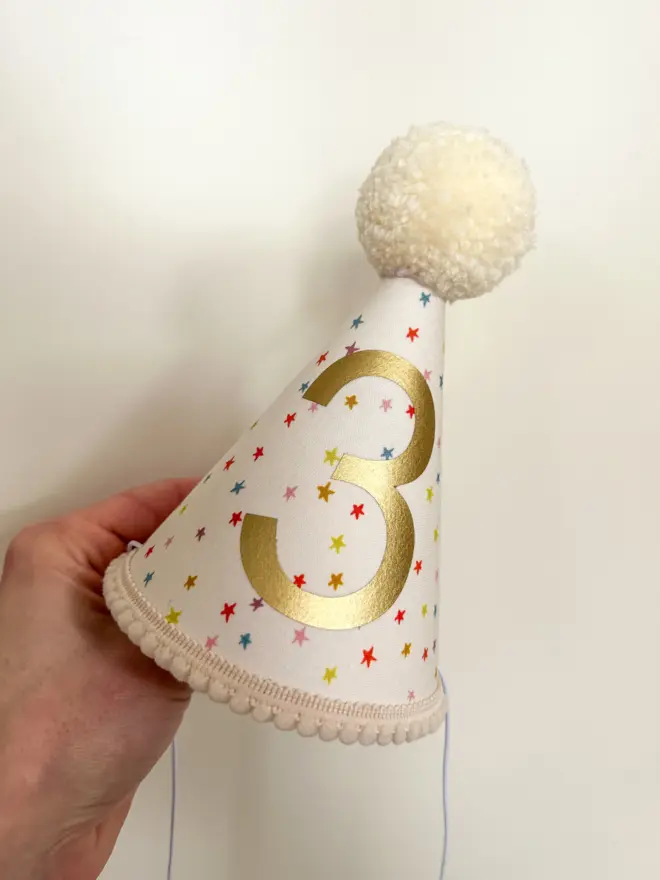 Party Hat with Gold number and multi colour star print