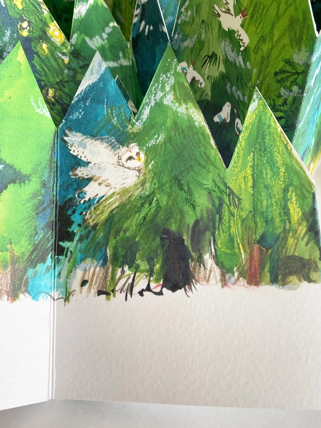 Enchanted Forest concertina greetings card with green trees by Esther Kent