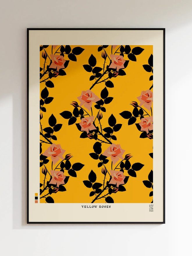 pink roses on yellow background Giclee print