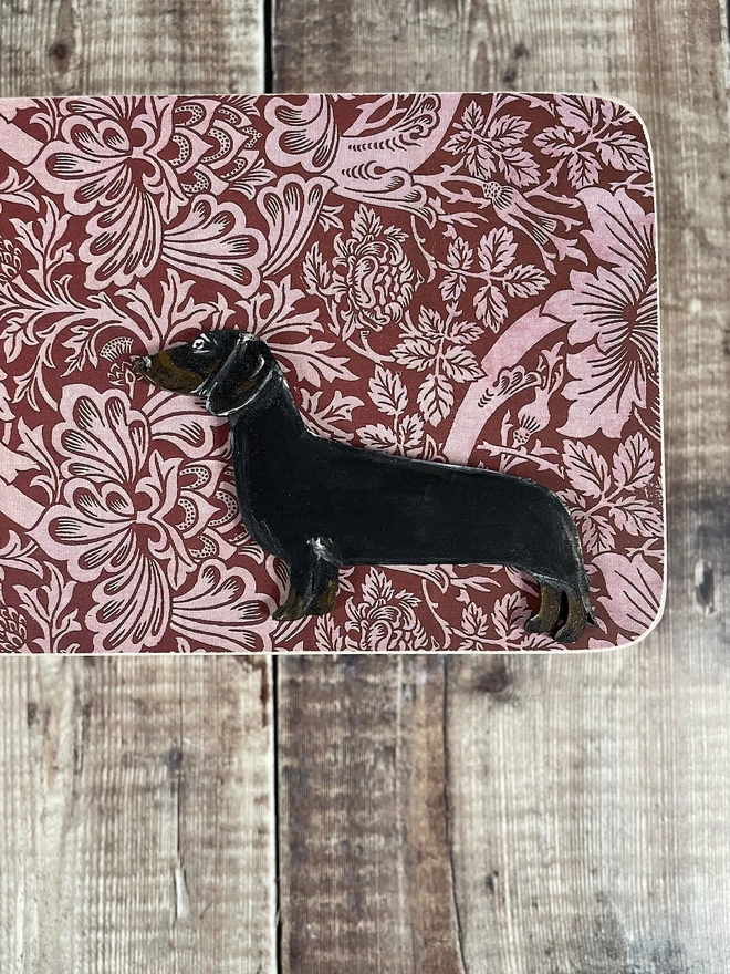 Small dachshund keepsake box inlaid with William Morris Print 