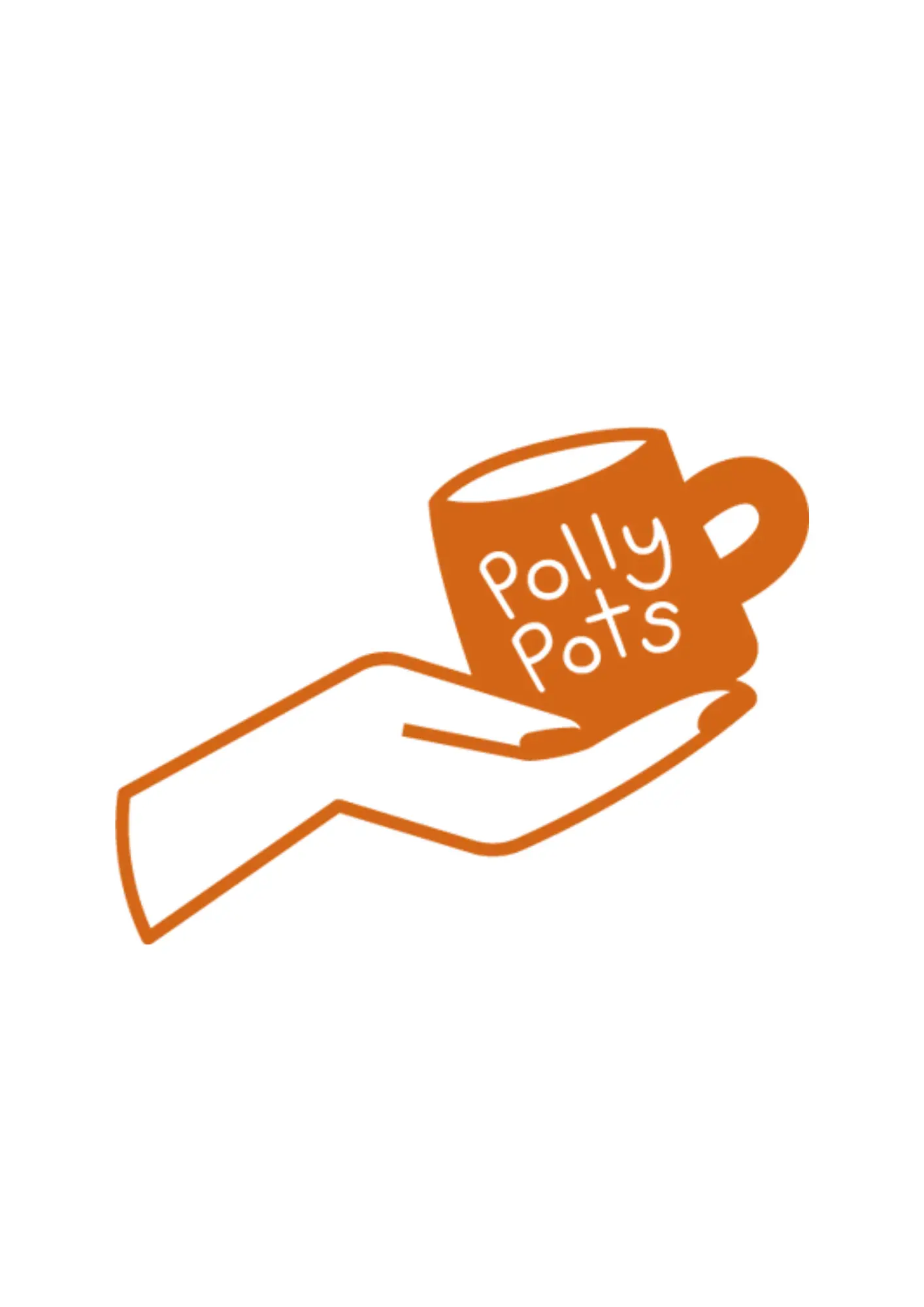 polly pots orange logo of hand holding mug