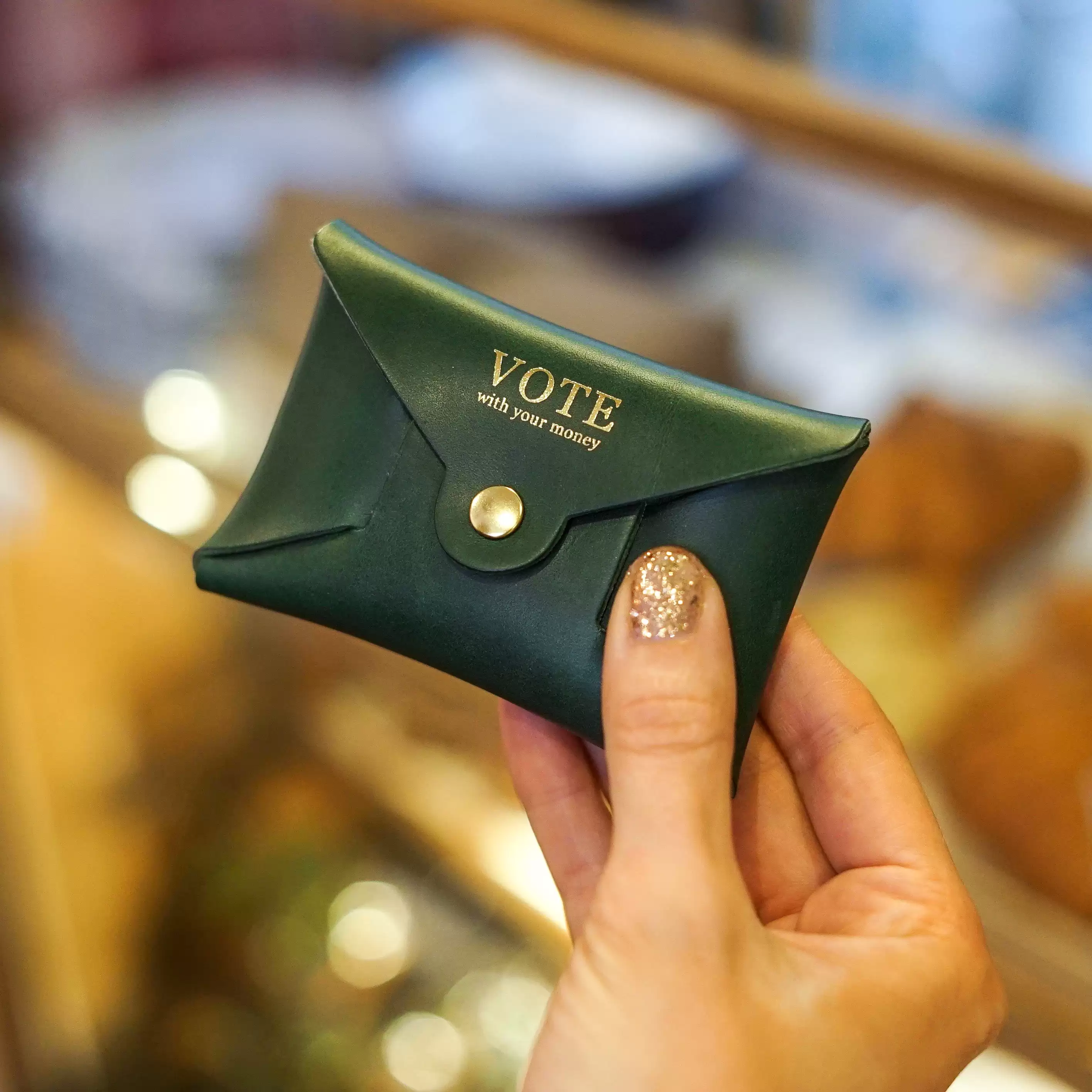 Green Leather Purse with Vote with Your Money gold engraving