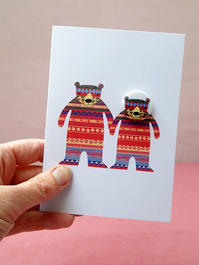 two bears with colourful patterns