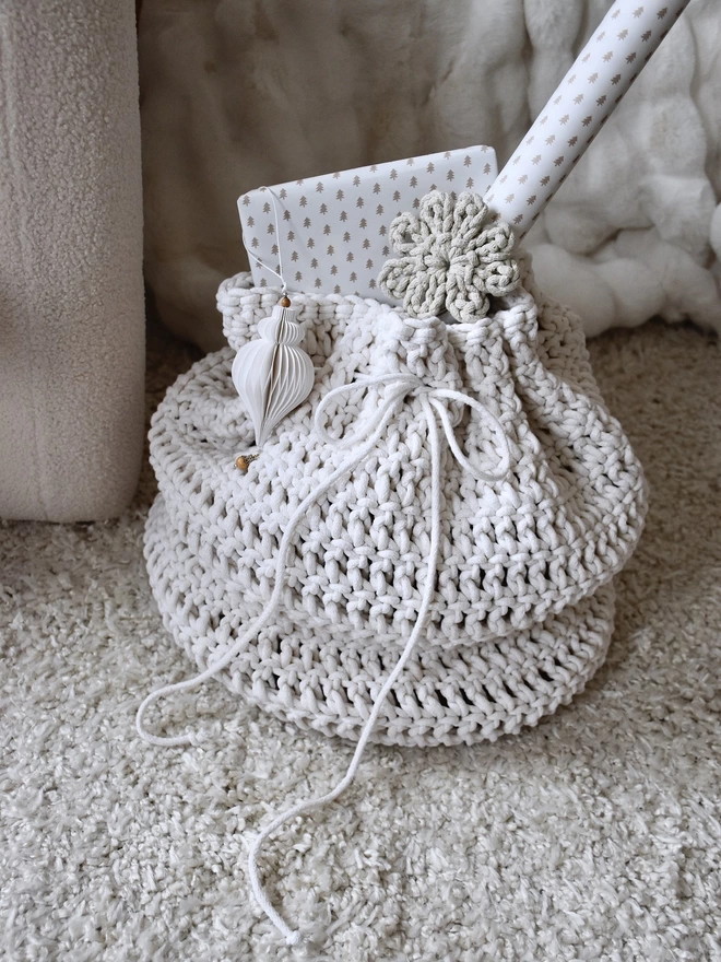 hand crocheted santa sack ecru