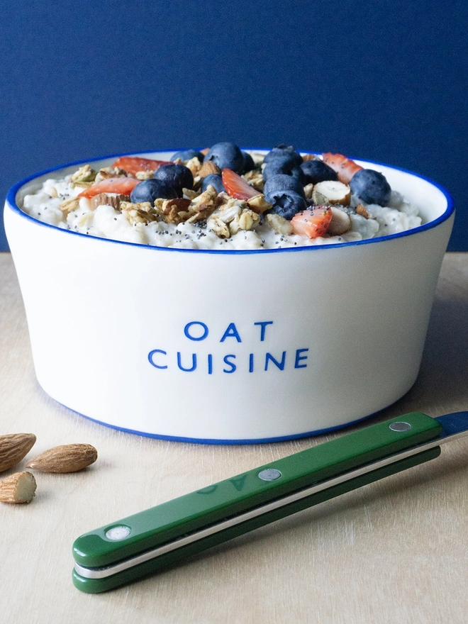 'Oat Cuisine' Blue Ceramic Bowl