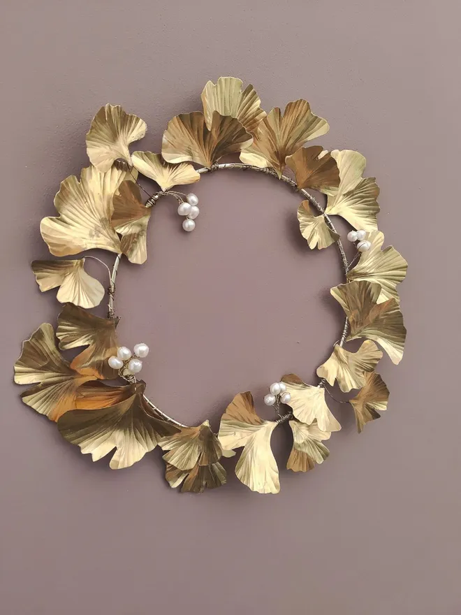 Brass Gingko Leaves Pearl Wreath