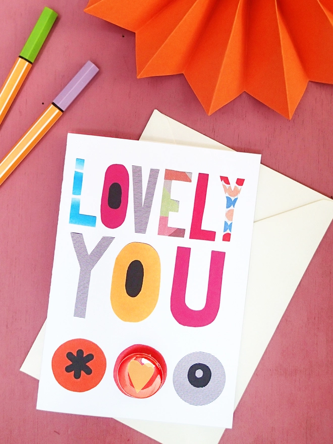 lovely you friendship card with heart pin badge